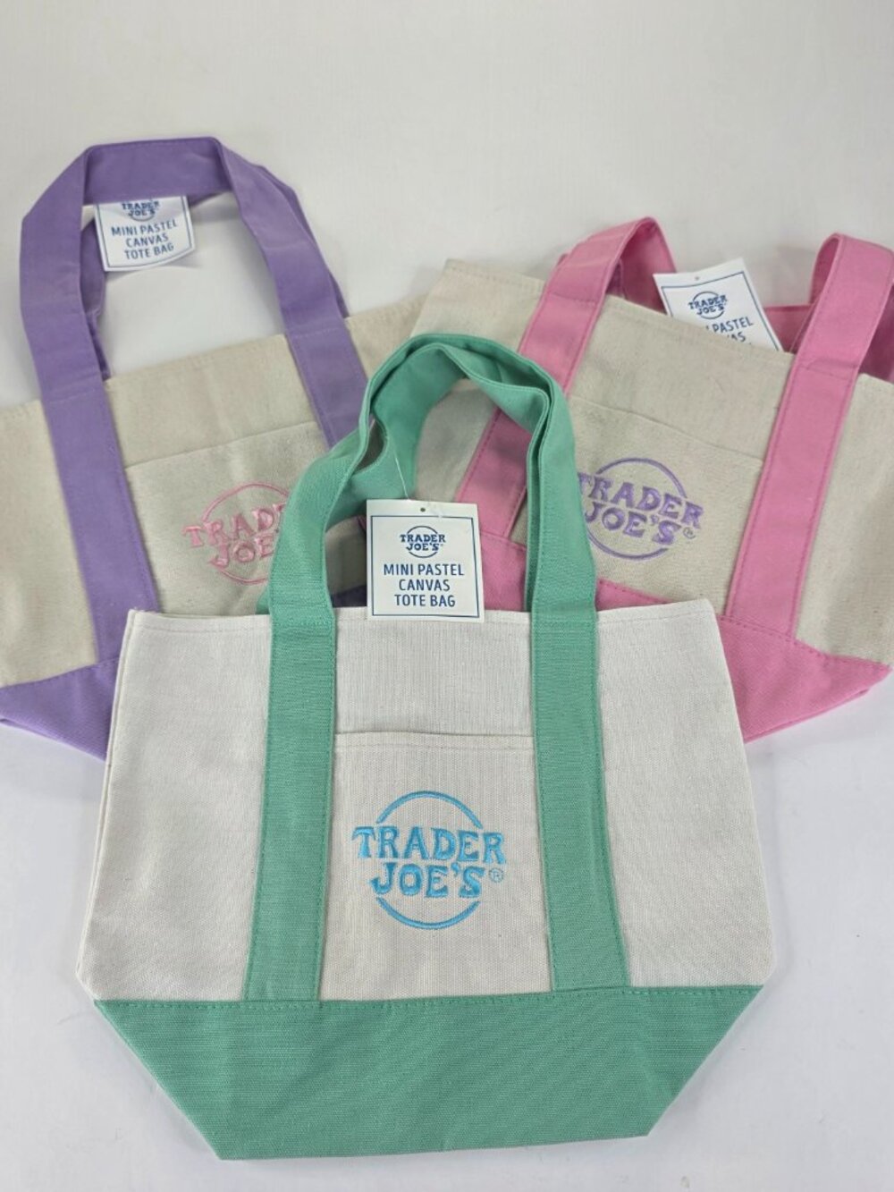 Trader Joes Mini Tote Canvas 3pc Green Purple Pink 2026